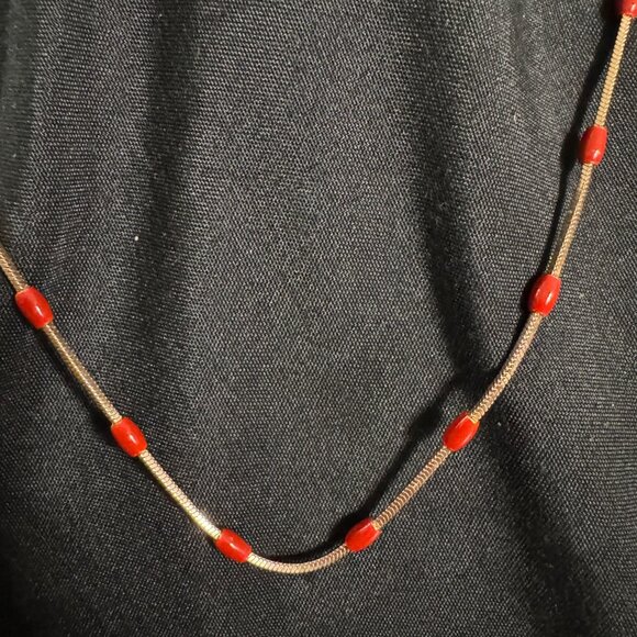 Vintage Gold-Tone Cable Chain Necklace W/ Red Beads & Lobster Clasp Closure 16" - Picture 5 of 10